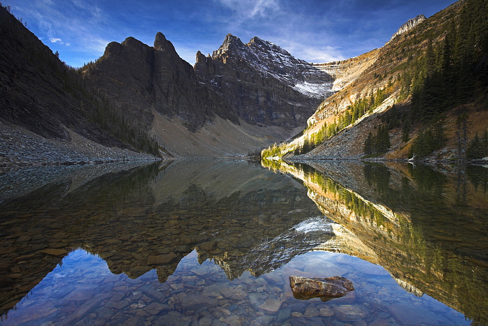 The shallow Lake Agnes captures a perfect reflection of the mountain rang, Banff National Park, UNESCO World Heritage Site, Alberta, Rocky Mountains, Canada, North America