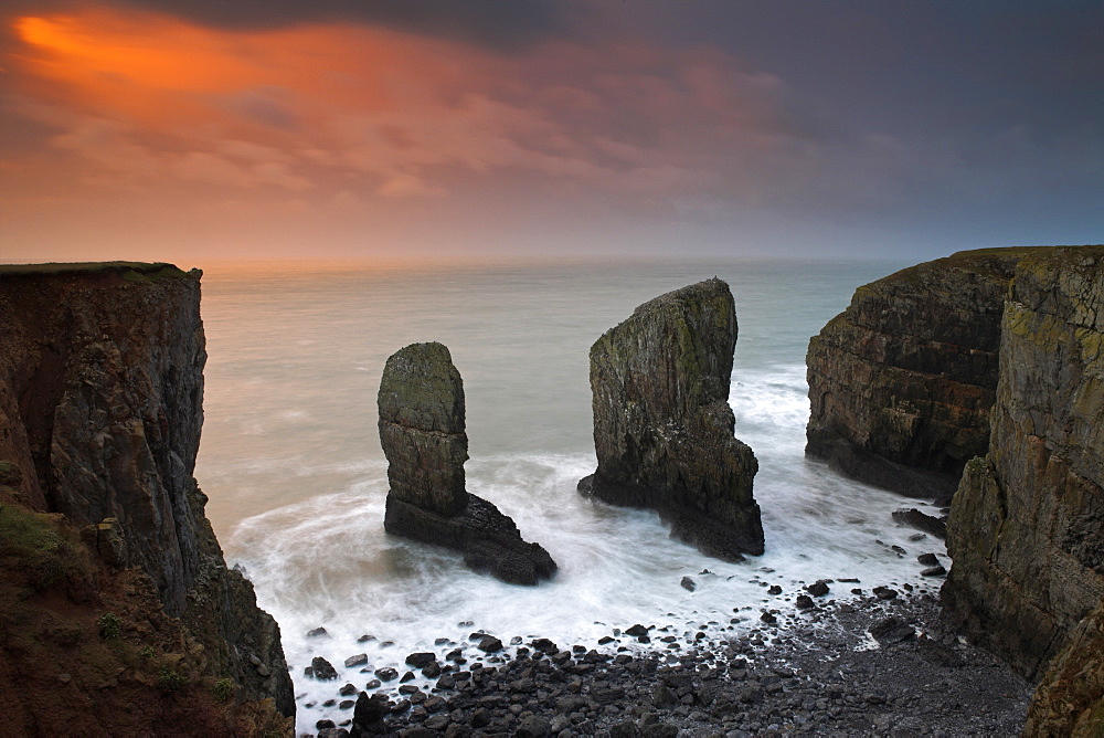 Massive rock stacks guarding the entrance to a secluded Pembrokeshire cove, Elegug Stacks, Pembrokeshire, Wales, United Kingdom, Europe