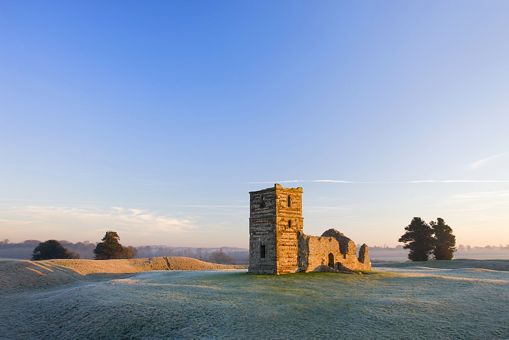 The ruins of Knowlton Church on a frosty winter morning, Dorset, England, United Kingdom, Europe