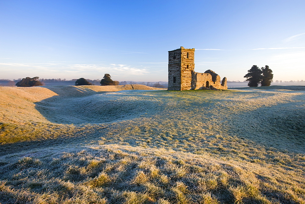 The ruins of Knowlton Church on a frosty winter morning, Dorset, England, United Kingdom, Europe