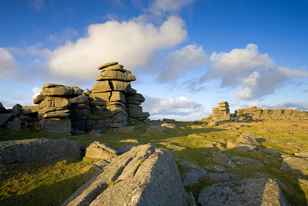 Late afternoon sunlight glows on the granite rock formations of Great Staple Tor in Dartmoor National Park, Devon, England, United Kingdom, Europe