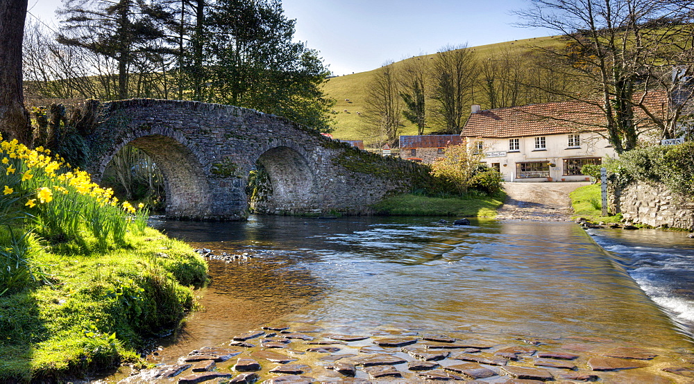 Packhorse bridge by Lorna Doone Farm, Malmsmead, Exmoor, Somerset, United Kingdom, Europe