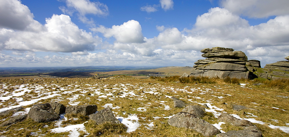 Melting snow besides Hollow Tor on Dartmoor National Park, Devon, England, United Kingdom, Europe