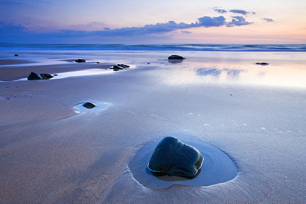 Twilight on the sandy beach at Sandymouth, North Cornwall, England, United Kingdom, Europe