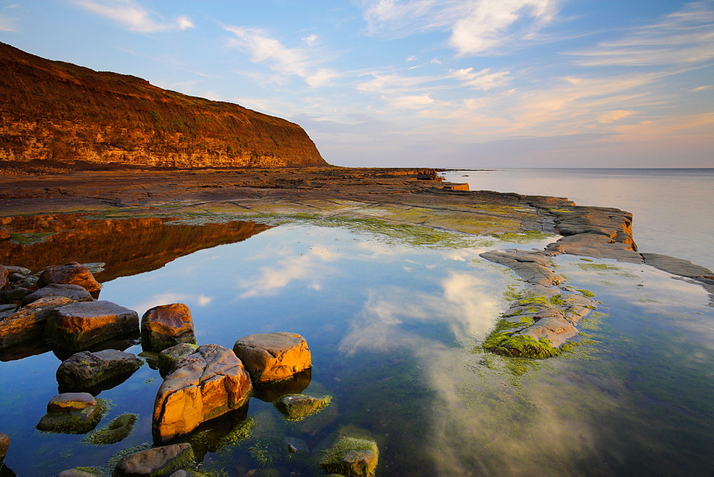 Rockpools at sunset on Broad Bench, near Kimmeridge, Dorset, England, United Kingdom, Europe