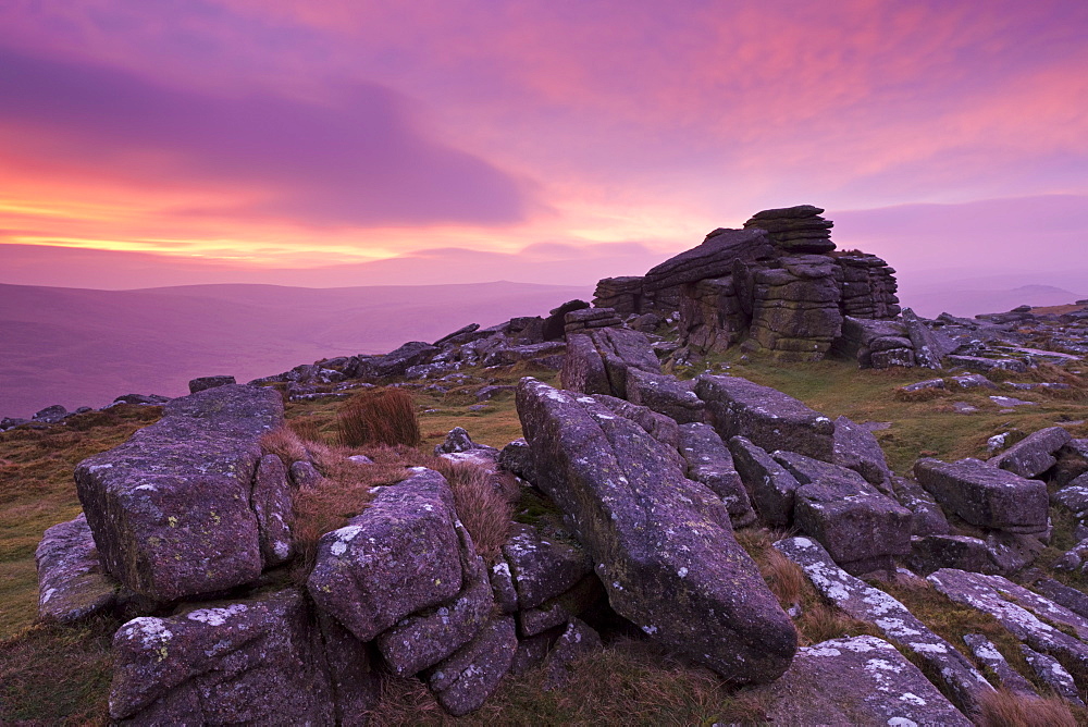 Intense sunrise above Belstone Tor, Dartmoor, Devon, England, United Kingdom, Europe