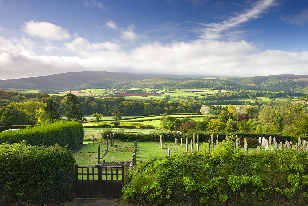 Selworthy Church graveyard, overlooking beautiful countryside, Exmoor National Park, Somerset, England, United Kingdom, Europe