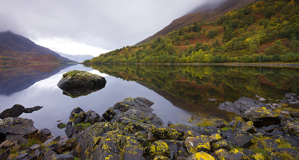 The still waters of Loch Leven on a grey autumn day, Lochleven, Highlands, Scotland, United Kingdom, Europe