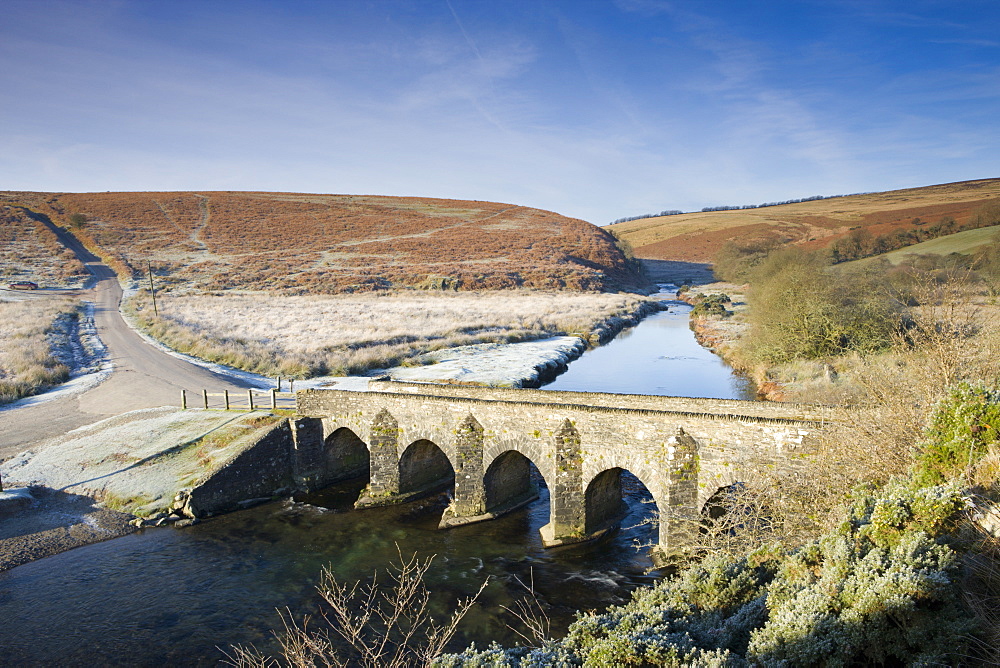 Landacre bridge and frost covered winter moorland, Exmoor National Park, Somerset, England, United Kingdom, Europe