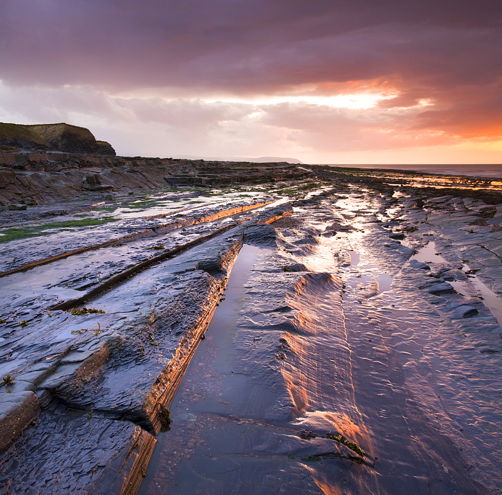 Horizontal rock strata on Kilve Beach on the North Somerset coast, England, United Kingdom, Europe