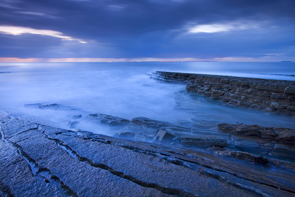 Twilight on the rocky shores of Kilve, Somerset, England, United Kingdom, Europe