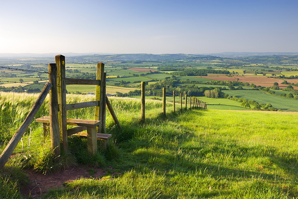 Footpath and stile through fields, Raddon Hill, Mid Devon, England, United Kingdom, Europe