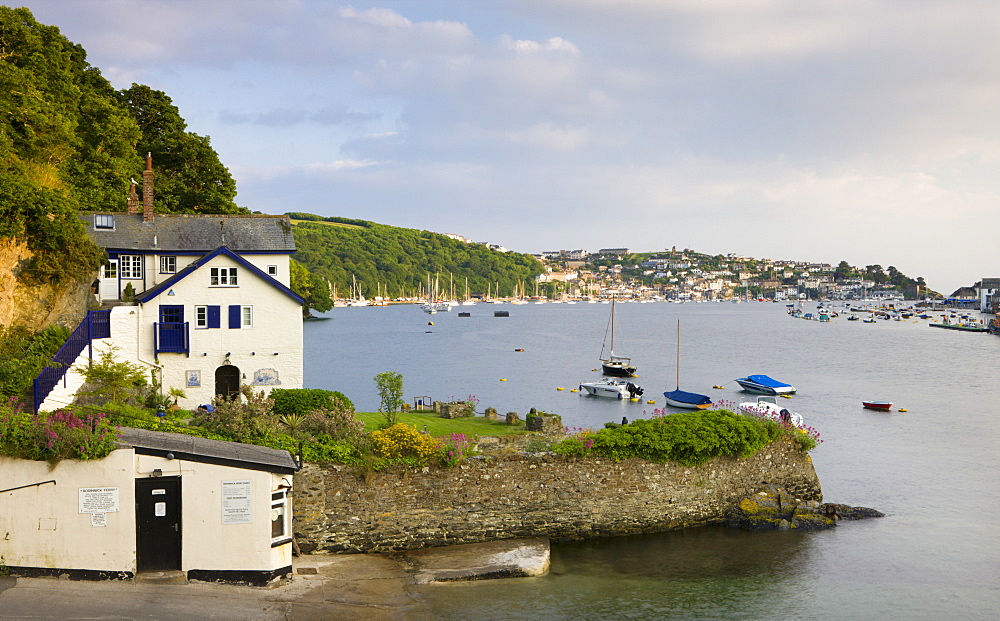 Looking across Fowey estuary to Polruan from the ferry landing point at Bodinnick, Cornwall, England, United Kingdom, Europe