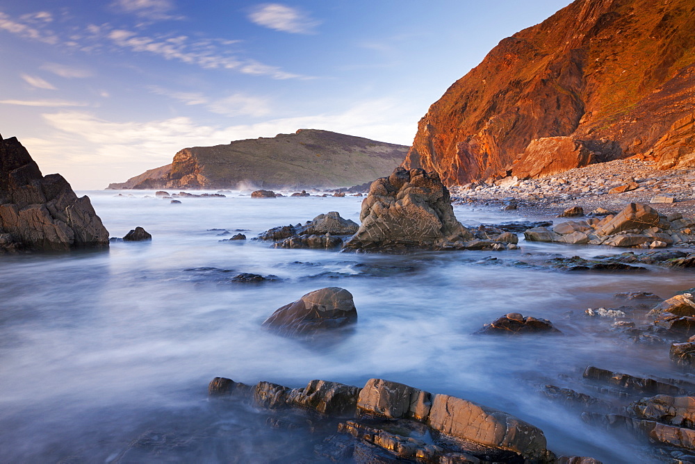 High tide floods the rocky ledges of Duckpool beach on the North Cornish coast, Cornwall, England, United Kingdom, Europe