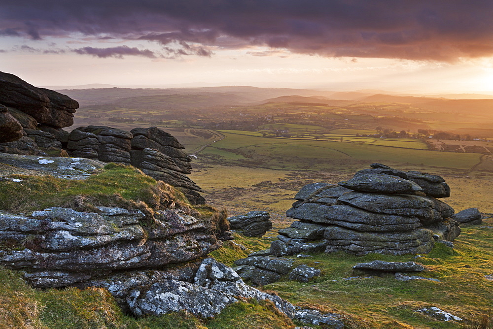 Evening sunlight over Devon countryside, viewed from Arms Tor, Dartmoor National Park, Devon, England, United Kingdom, Europe