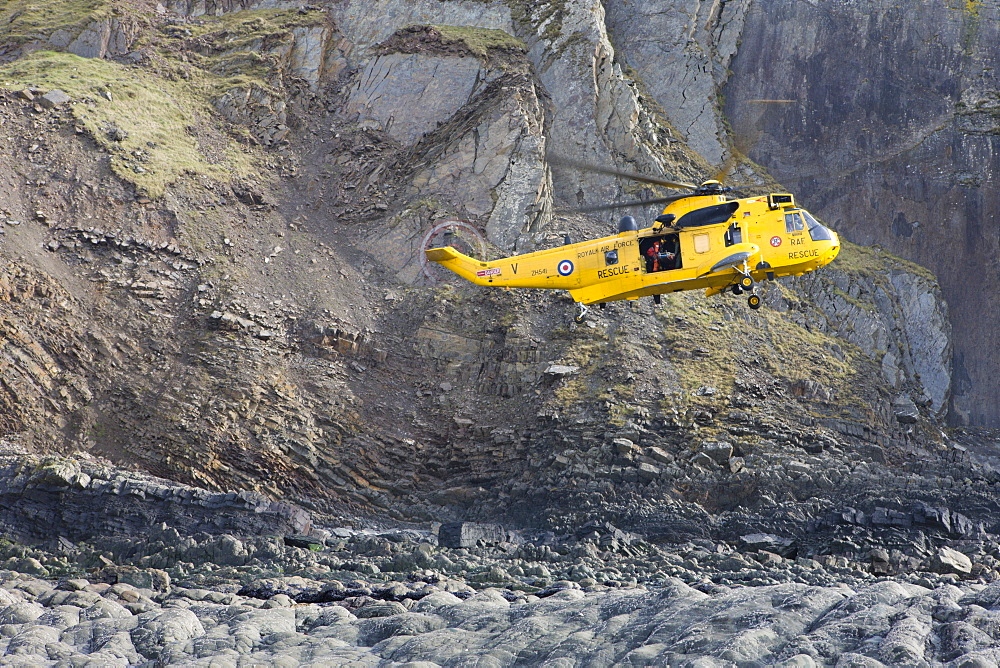 RAF helicopter performing a coastal rescue at the base of the steep cliffs of Spekes Mill Mouth, Hartland, Devon, England, United Kingdom, Europe