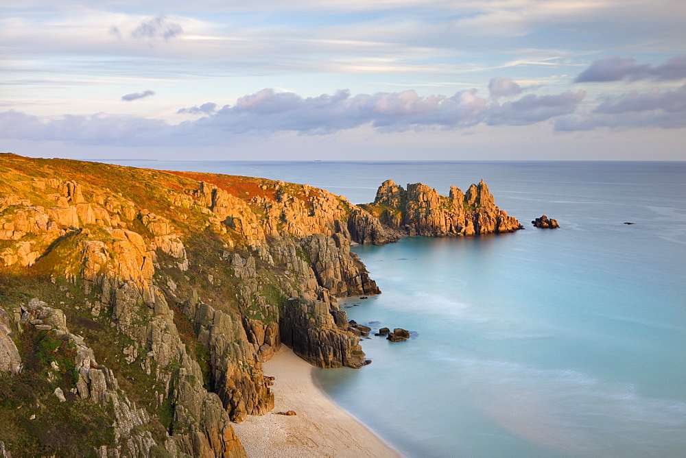 Pednvounder Beach from Treen Cliff, looking towards Logan Rock, Porthcurno, Cornwall, England, United Kingdom, Europe