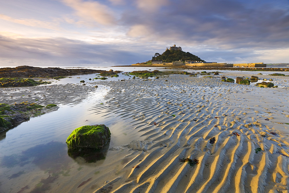 Low tide over Mounts Bay looking towards St. Michaels Mount, Cornwall, England, United Kingdom, Europe