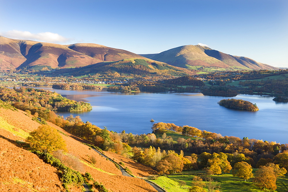 Derwent Water, Skiddaw and Blencathra from the slopes of Catbells, Lake District National Park, Cumbria, England, United Kingdom, Europe