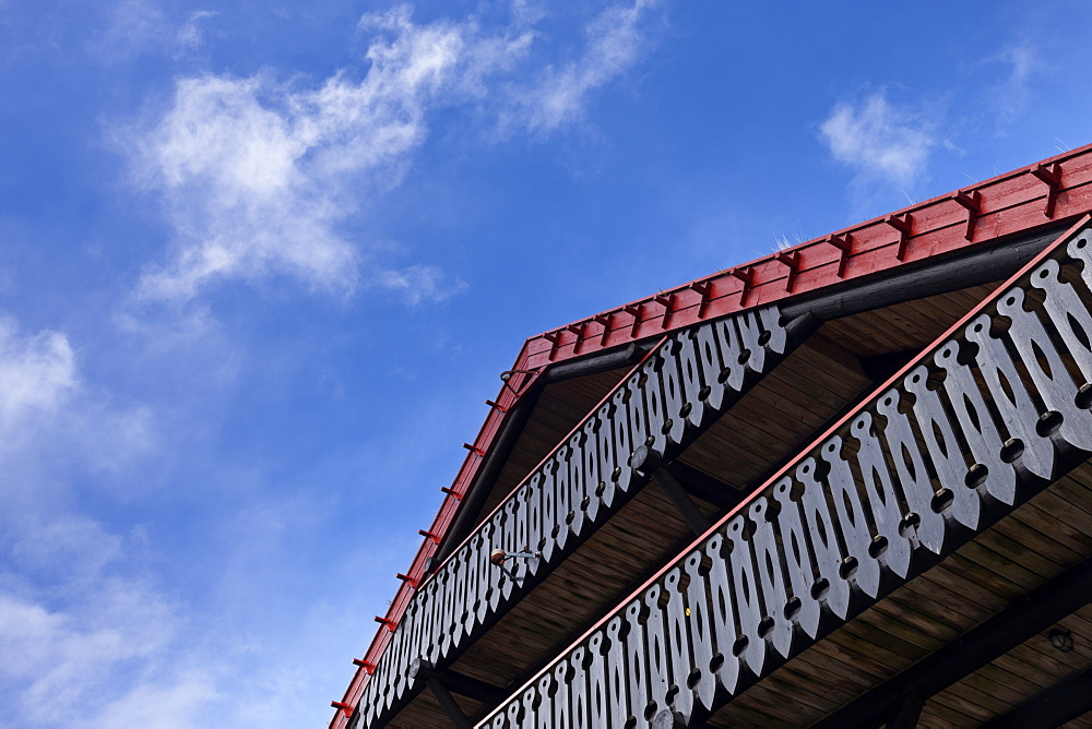 Detail of a wooden hotel facade in the village of Gjogv, Eysturoy, Faroe Islands, Denmark, Europe