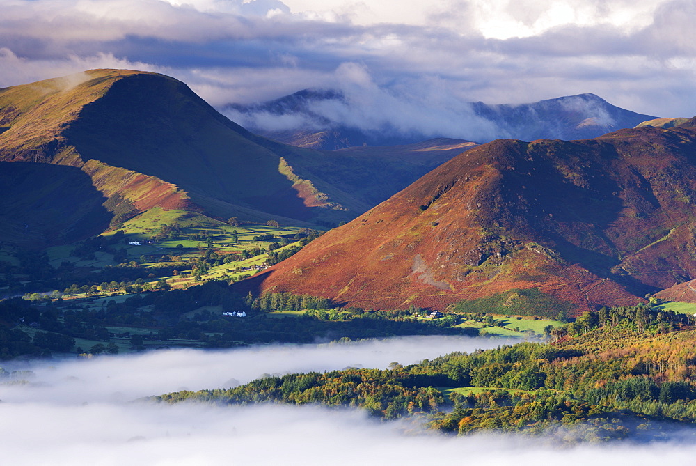 Newlands Valley surrounded by mist at dawn, Lake District National Park, Cumbria, England, United Kingdom, Europe 