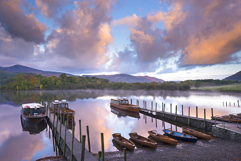 Boats on Derwent Water at sunrise, Keswick, Lake District National Park, Cumbria, England, United Kingdom, Europe 