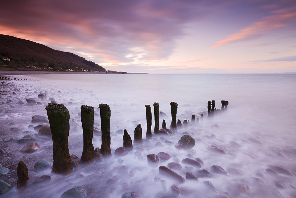 Weathered wooden groyne on Porlock Beach, Exmoor National Park, Somerset, England, United Kingdom, Europe 