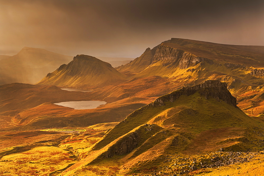 Spectacular winter light over the Trotternish Range from the Quiraing in the Isle of Skye, Inner Hebrides, Scotland, United Kingdom, Europe 