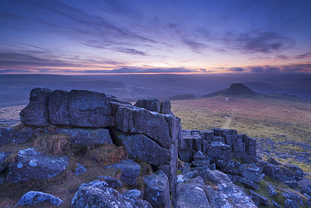 View towards Leather Tor from Sharpitor at dawn in winter, Dartmoor National Park, Devon, England, United Kingdom, Europe 