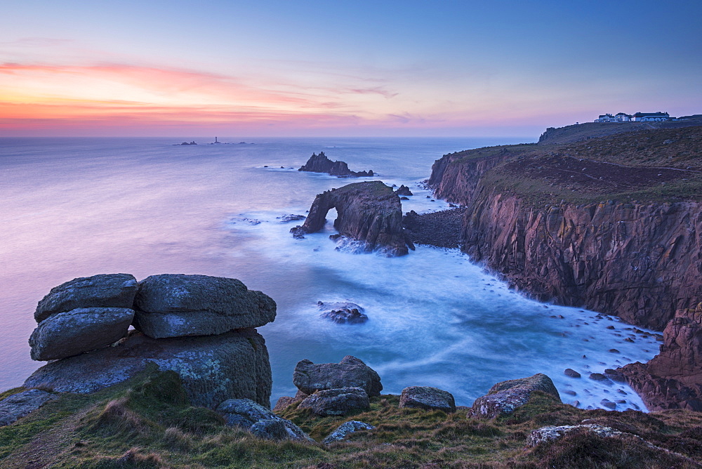 Lands End after sunset on a winter evening, Cornwall, England, United Kingdom, Europe 