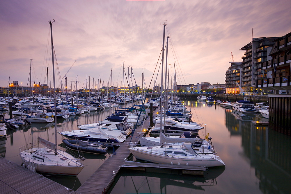 Yachts moored at Ocean Village Marina, Southampton, Hampshire, England, United Kingdom, Europe