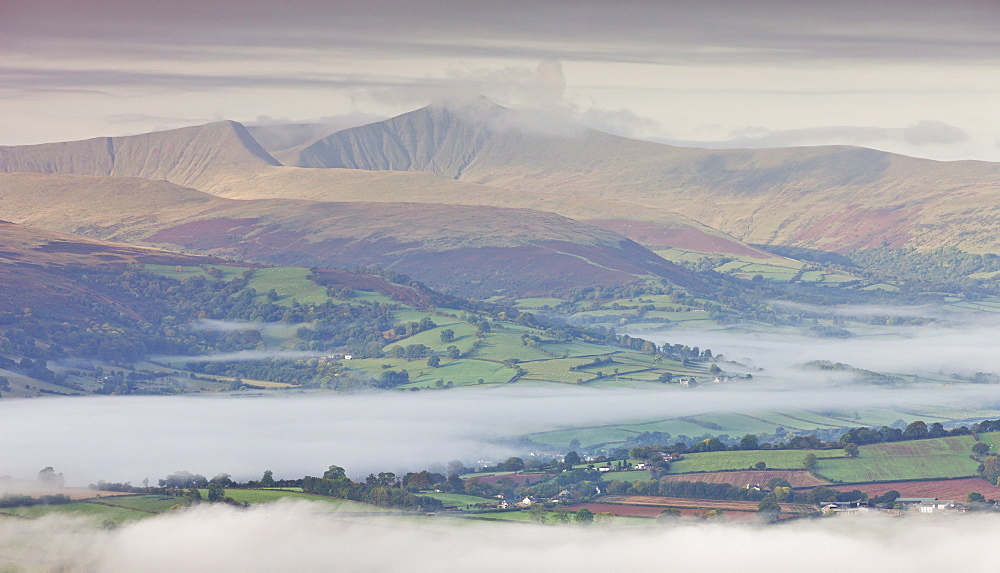 Mist covered rolling countryside in autumn backed by Pen y Fan mountain, Brecon Beacons, Powys, Wales, United Kingdom, Europe 