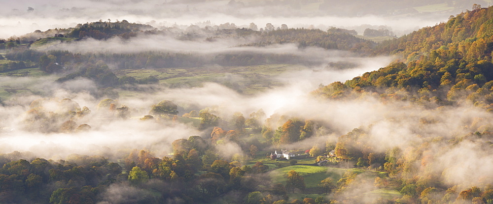 Mist covered landscape in autumn, Lake District National Park, Cumbria, England, United Kingdom, Europe 