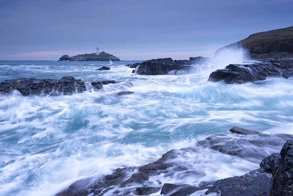 Crashing Atlantic waves in winter near Godrevy Lighthouse, Cornwall, England, United Kingdom, Europe 