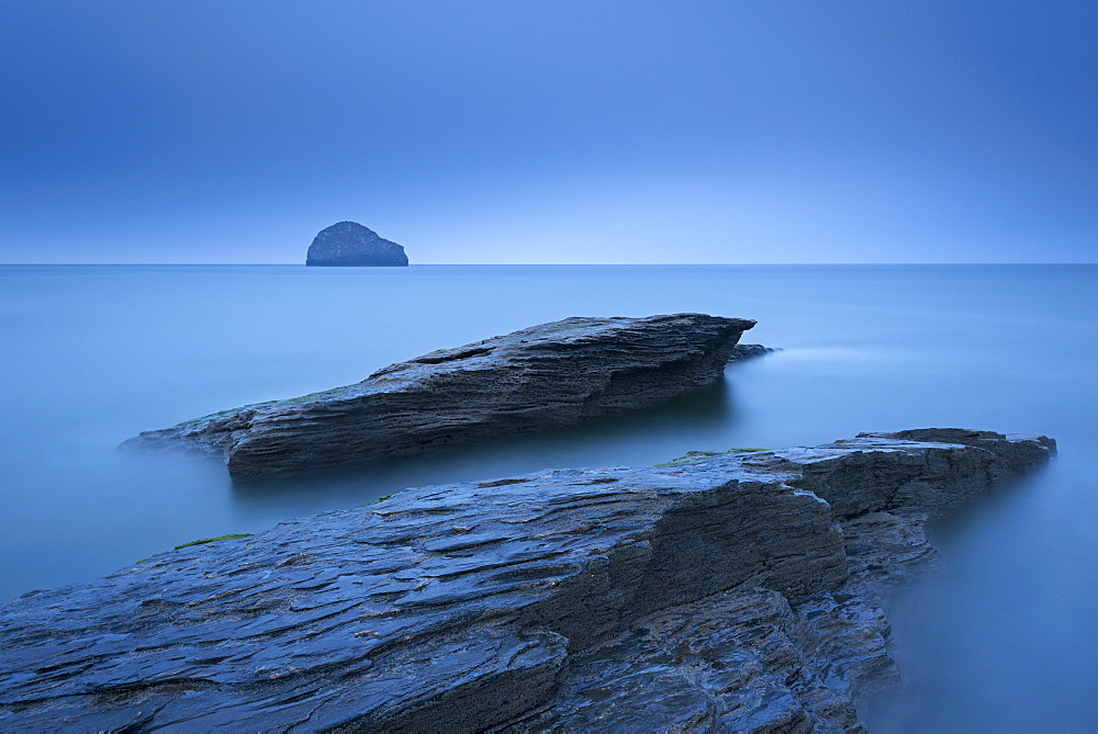 Twilight on the rocky North Cornish coast at Trebarwith Strand, Cornwall, England, United Kingdom, Europe 