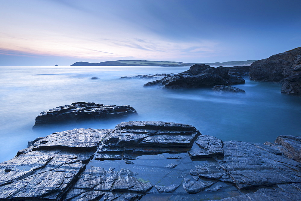 Trevose Head at dusk from Treyarnon Point, North Cornwall, England, United Kingdom, Europe 