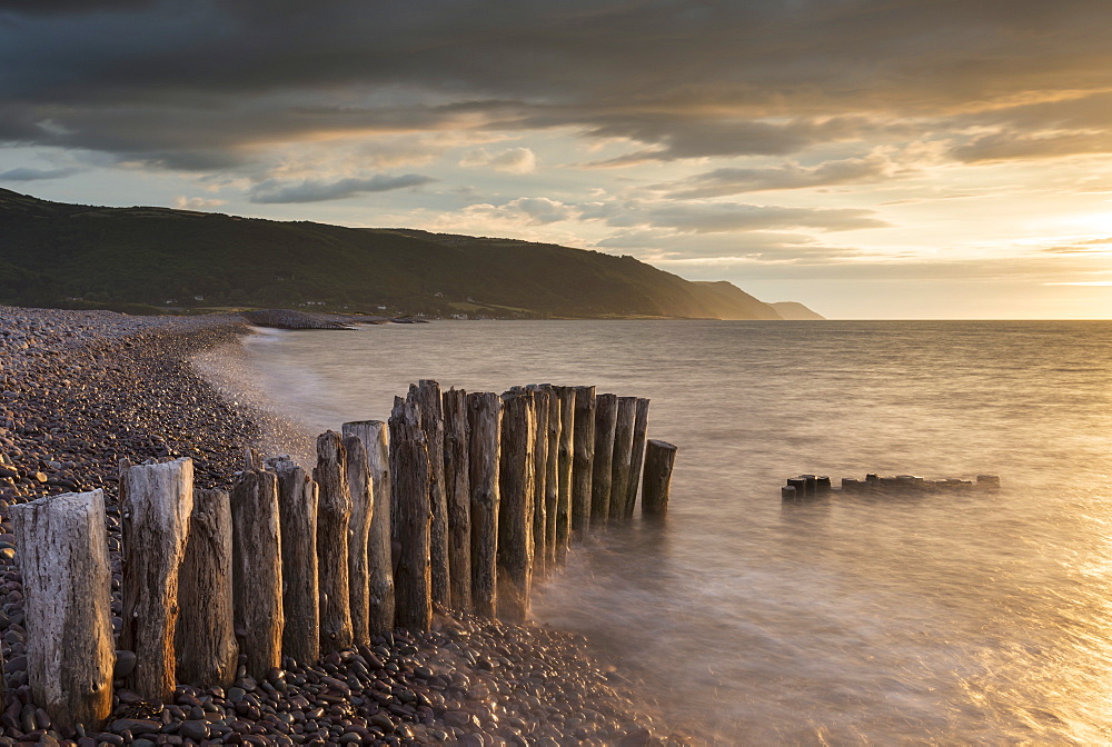 Sunset over Bossington Beach in Exmoor, Somerset, England, United Kingdom, Europe 