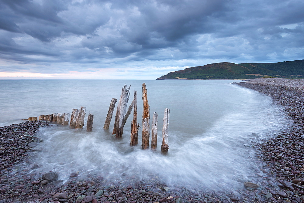 Wooden sea defences at Bossington Beach, Exmoor, Somerset, England, United Kingdom, Europe 