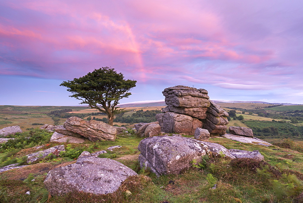 Dawn rainbow above Holwell Tor in summer, Dartmoor, Devon, England, United Kingdom, Europe 