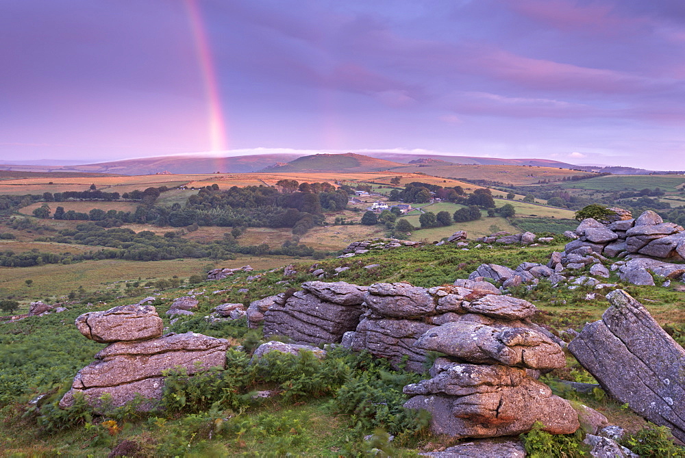 Rainbow over Dartmoor at dawn in summer, Holwell Tor, Dartmoor, Devon, England, United Kingdom, Europe 