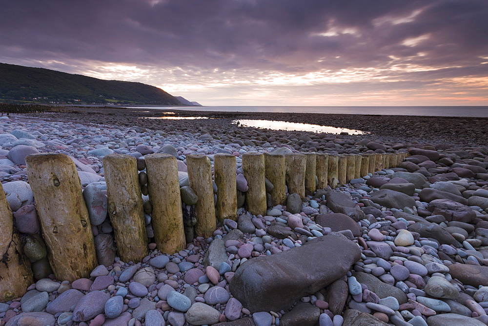 Sunset over Bossington Beach, Exmoor, Somerset, England, United Kingdom, Europe