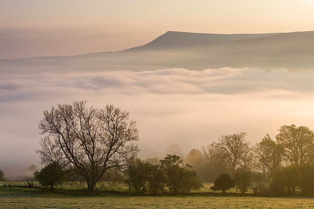 Mist covered Brecon Beacons landscape at dawn, Powys, Wales, United Kingdom, Europe