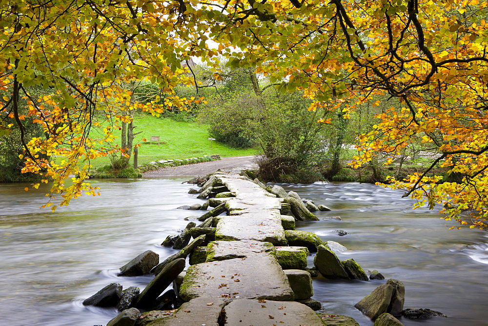 Tarr Steps clapper bridge in Autumn, Exmoor National Park, Somerset, England, United Kingdom, Europe