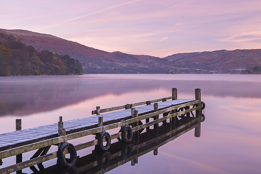 Frosty jetty on Ullswater at dawn, Lake District National Park, Cumbria, England, United Kingdom, Europe