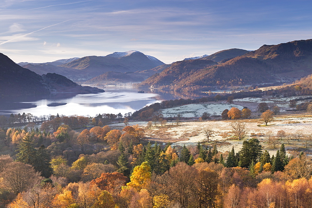 Ullswater from Gowbarrow Fell on a frosty autumn morning, Lake District National Park, Cumbria, England, United Kingdom, Europe