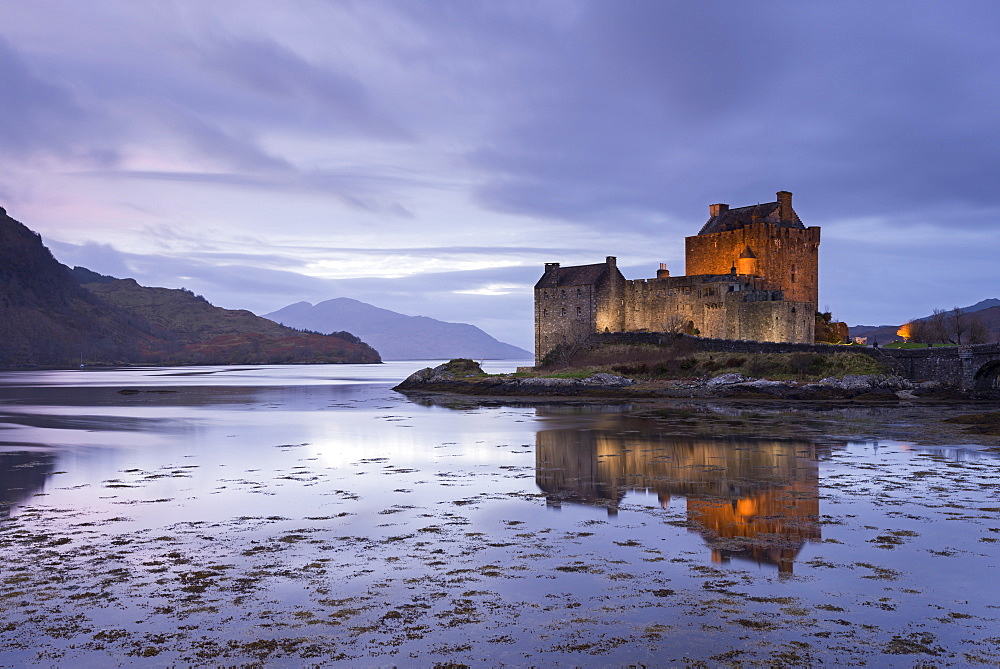 Twilight over Eilean Donan Castle on Loch Duich, Dornie, Scotland, United Kingdom, Europe