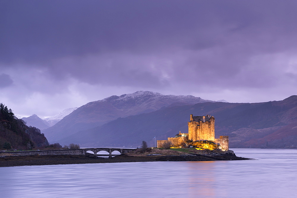 Twilight over Eilean Donan Castle on Loch Duich, Dornie, Scotland, United Kingdom, Europe