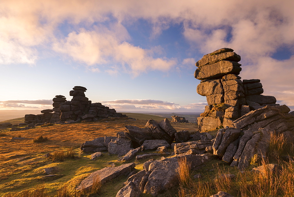 Gorgeous evening light at Great Staple Tor in Dartmoor National Park, Devon, England, United Kingdom, Europe