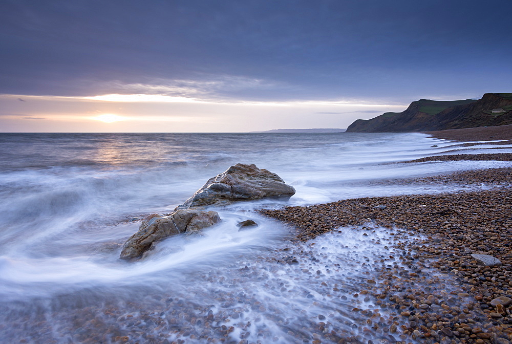 Winter sunset over Eype Beach on the Jurassic Coast, UNESCO World Heritage Site, Dorset, England, United Kingdom, Europe