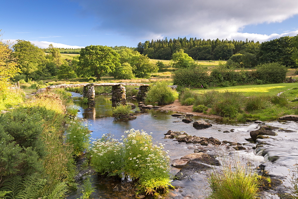 Ancient clapper bridge at Postbridge, Dartmoor National Park, Devon, England, United Kingdom, Europe